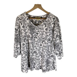 Palm Grove‎ Womens Blouse 3X White Black Nautical Theme Fish Pattern 3/4 Sleeve